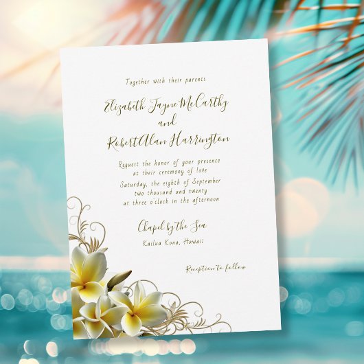 White Plumeria Custom Island Wedding Einladung