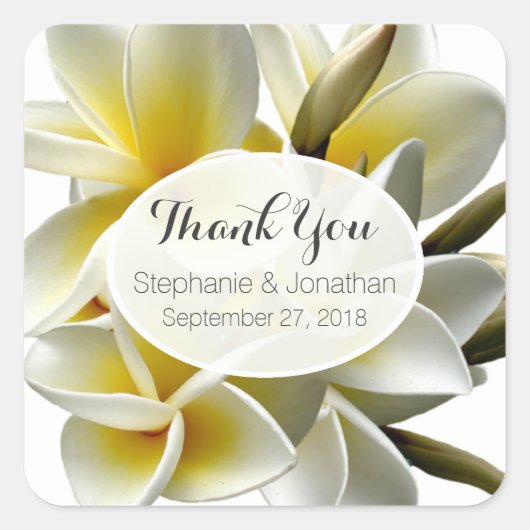 White Plumeria Custom Wedding Favor Labels Quadratischer Aufkleber (Vorderseite)