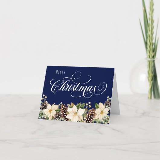 White Poinsettia blau Feiertagskarte (Vorderseite)