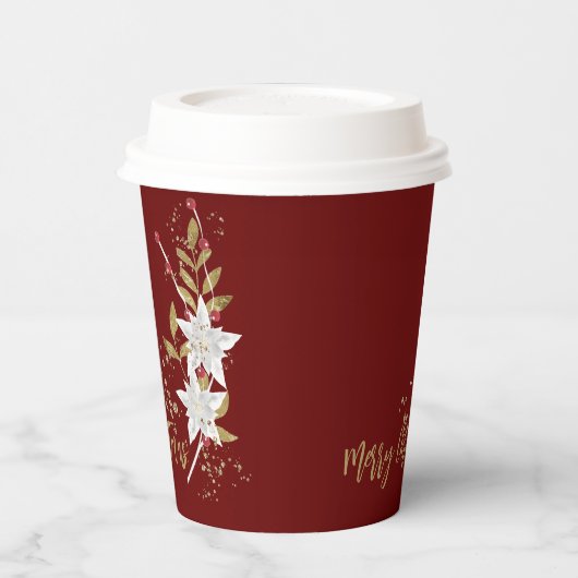 White Poinsettia Burgundy Gold Glitzer Traditionel Pappbecher (Links)