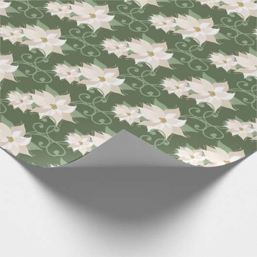 White Poinsettia Pattern Wirbel Grün Weihnachten Geschenkpapier (Ecke)
