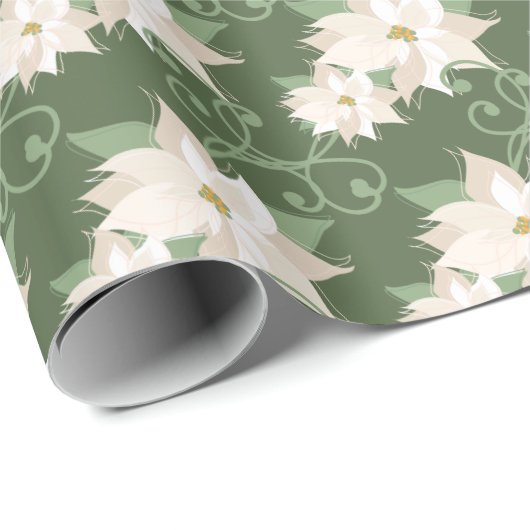 White Poinsettia Pattern Wirbel Grün Weihnachten Geschenkpapier (Rolleneckpunkt)