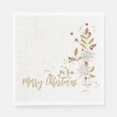 White Poinsettia Red Berries Glitzer Imitats Linke Serviette (Vorderseite)