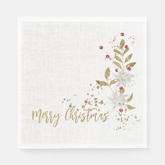 White Poinsettia Red Berries Glitzer Imitats Linke Serviette (Vorderseite)