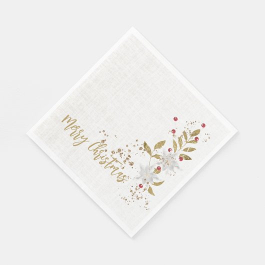 White Poinsettia Red Berries Glitzer Imitats Linke Serviette (Ecke)