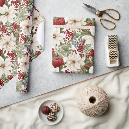 White Poinsettia, Red Floral Christmas | Geschenkpapier