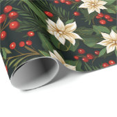 White Poinsettia und Red Holly Berries Geschenkpapier (Rolleneckpunkt)