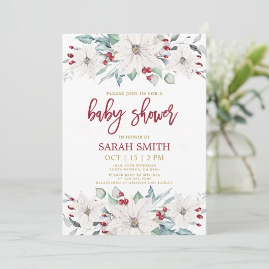 White poinsettia Weihnachtsdusche Einladung (Stehend Vorderseite)