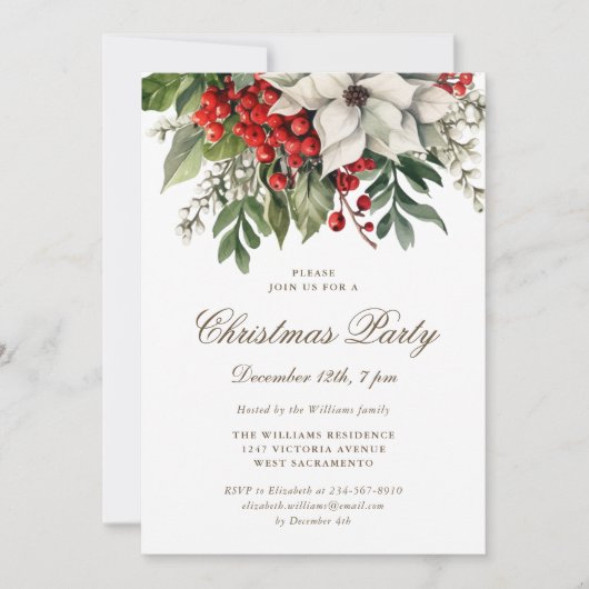 White Poinsettia Winter Berries Weihnachtsfest Par Einladung (Vorderseite)