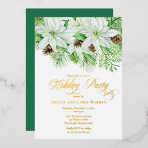 White Poinsettias Pinecones Pine Holiday Party Folieneinladung