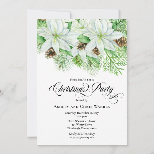 White Poinsettias | Pinecones Weihnachtsgebäck Par Einladung (Vorderseite)