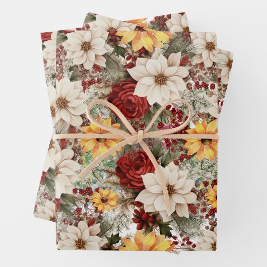 White Poinsettias & Sonnenblumen Weihnachten Geschenkpapier Set (Beispiel)
