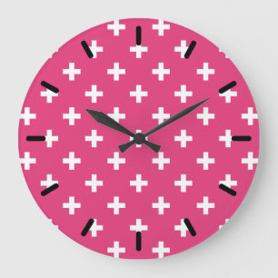 White polka crosses on fuchsia große wanduhr