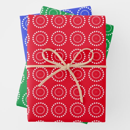 White Polka Dot auf rot, blau, grün Geschenkpapier Set (Beispiel)