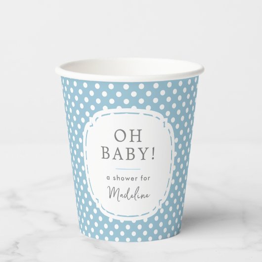 White Polka Dot Pattern Oh Baby Dusche blau Pappbecher (Vorderseite)