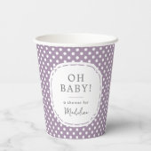 White Polka Dot Pattern Oh Baby Dusche Dusty Lilac Pappbecher (Rückseite)