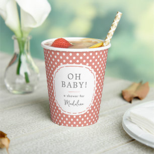 White Polka Dot Pattern Oh Baby Shower Dusty Rose Pappbecher