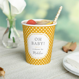 White Polka Dot Pattern Oh Baby Shower Mustard Pappbecher