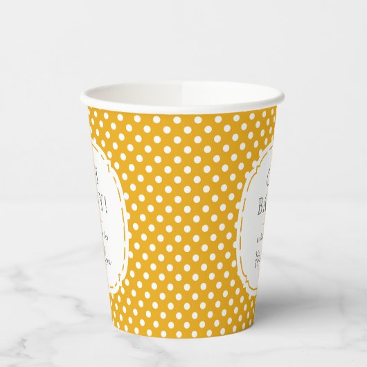 White Polka Dot Pattern Oh Baby Shower Mustard Pappbecher (Links)