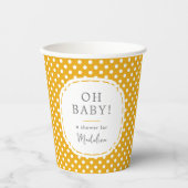 White Polka Dot Pattern Oh Baby Shower Mustard Pappbecher (Vorderseite)