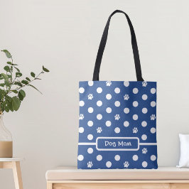 White Polka-Dot Paw Prints Blue Personalize Tasche