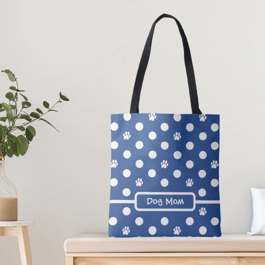 White Polka-Dot Paw Prints Blue Personalize Tasche