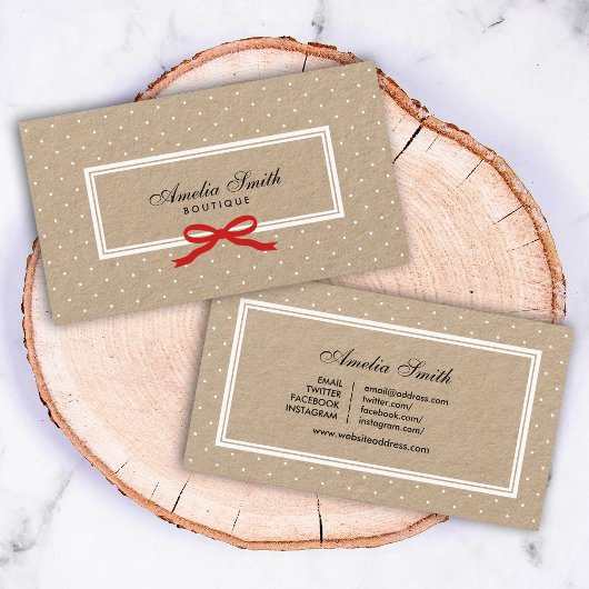 White Polka Dot Red Ribbon Social Media Kraft Visitenkarte