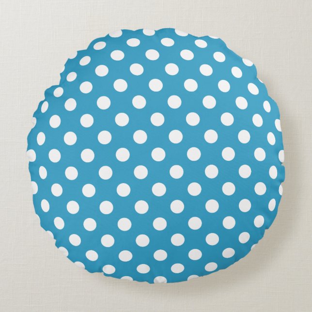 White Polka Dots auf Peacock Blue Background Rundes Kissen (Vorderseite)