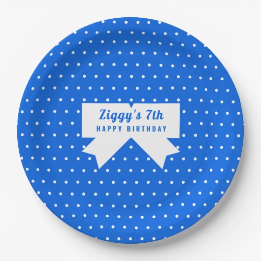 White Polka Dots Blue Paper Plate Pappteller (Vorderseite)
