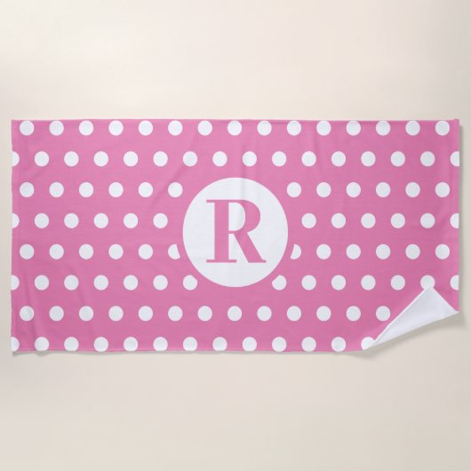 White Polka Dots Monogram Initial Baby Pink Niedli Strandtuch (Vorderseite)