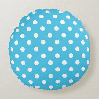 White Polka Dots on Aqua Blue Round Pillow Rundes Kissen