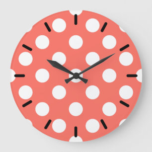 White polka dots on living coral große wanduhr