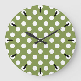 White polka dots on olive green große wanduhr