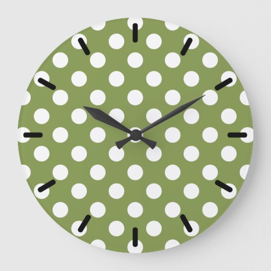 White polka dots on olive green große wanduhr (Vorderseite)