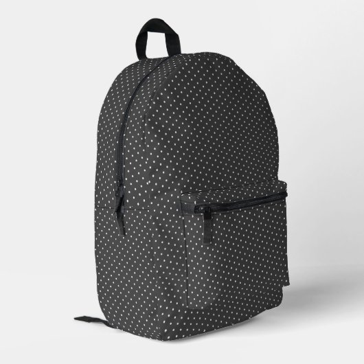White Polka Dots On Pewter Gray Bedruckter Rucksack (Rückseitige Ecke links)