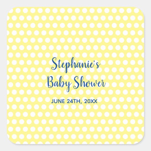 White Polka Dots Yellow Blue Girl Boy Baby Dusche Quadratischer Aufkleber (Vorderseite)