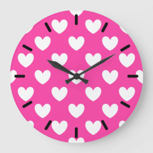 White polka hearts on fuchsia pink große wanduhr