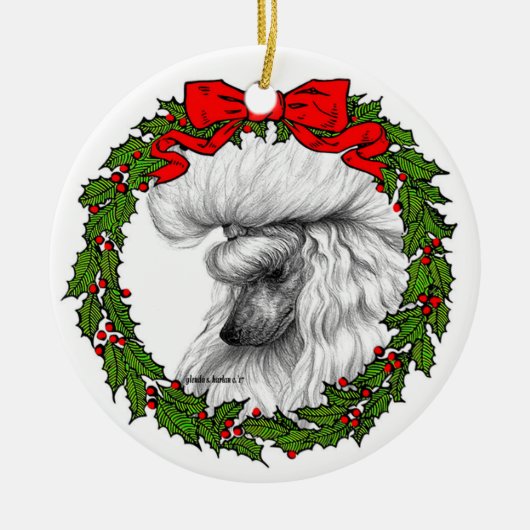 White Poodle Art von Glenda S. Harlan Keramik Ornament (Vorne)