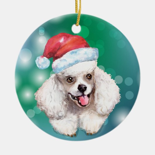 White Poodle Dog Rote Weihnachtsmannmütze Weihnach Keramik Ornament (Vorne)