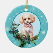 White Poodle Evergreen Blue Snowflake Border Keramik Ornament (Vorne)