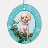 White Poodle Evergreen Blue Snowflake Border Keramik Ornament (Links)