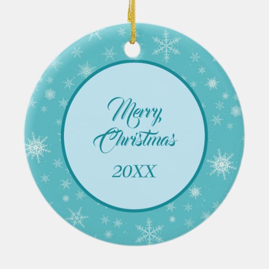 White Poodle Evergreen Blue Snowflake Border Keramik Ornament (Hinten)
