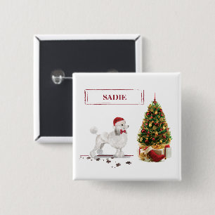 White Poodle Funny Christmas Dog mit Baum Button