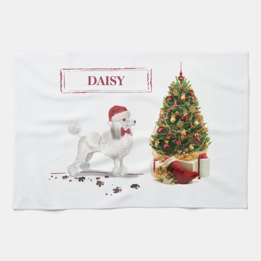 White Poodle Funny Christmas Dog mit Baum Geschirrtuch (Horizontal)