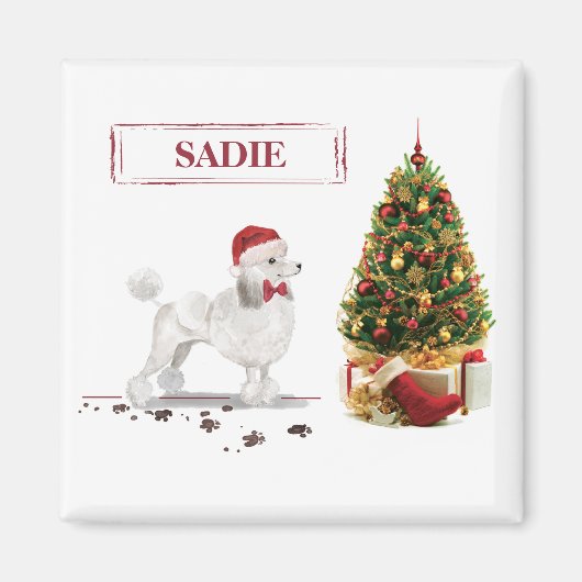 White Poodle Funny Christmas Dog mit Baum Magnet (Vorne)