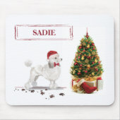 White Poodle Funny Christmas Dog mit Baum Mousepad (Vorne)
