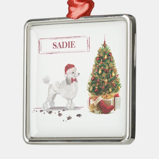 White Poodle Funny Christmas Dog mit Baum Ornament Aus Metall (Links)