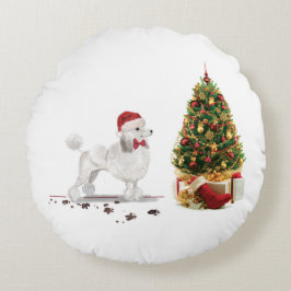 White Poodle Funny Christmas Dog mit Baum Rundes Kissen