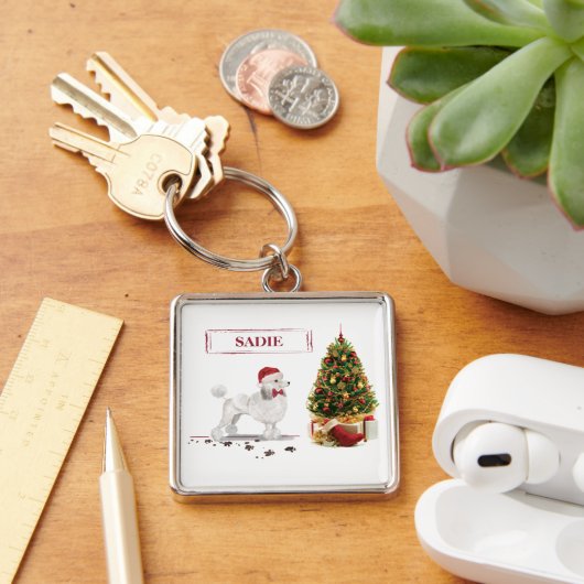 White Poodle Funny Christmas Dog mit Baum Schlüsselanhänger (Schreibtisch)