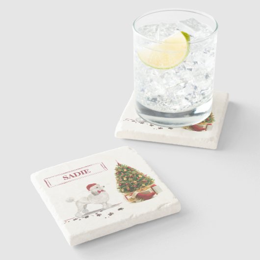 White Poodle Funny Christmas Dog mit Baum Steinuntersetzer (Seitenansicht)